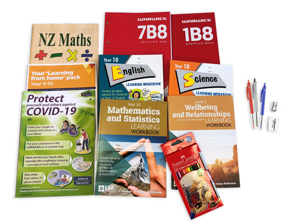 Photograph taken from above of the Year 10 hard pack. The pack contains various workbooks, exercise books and stationery.