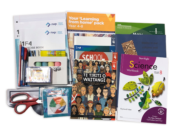 Photograph taken from above of the Year 8 hard pack. The pack contains various workbooks, exercise books and stationery.